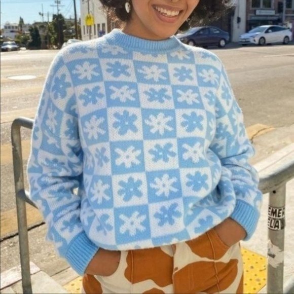 Lisa Says Gah Sweaters - Lisa Says Gah Emma Sweater in blue daisy check m/l